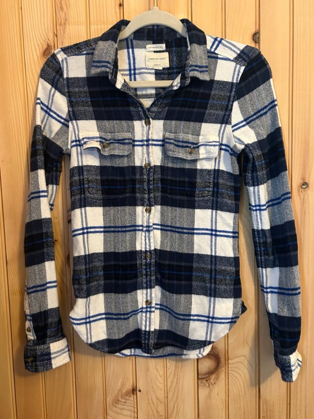 American Eagle Plaid Flannel Shirt Blue Gray White Classic Fit Soft S